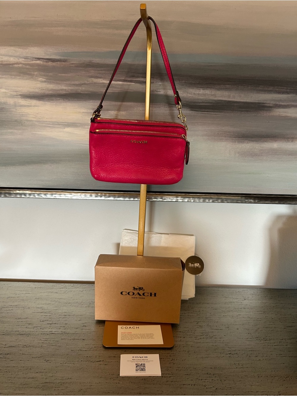 Coach Double Zip Wristlet Vibrant Pink Pebbled Leather Full Inclusion